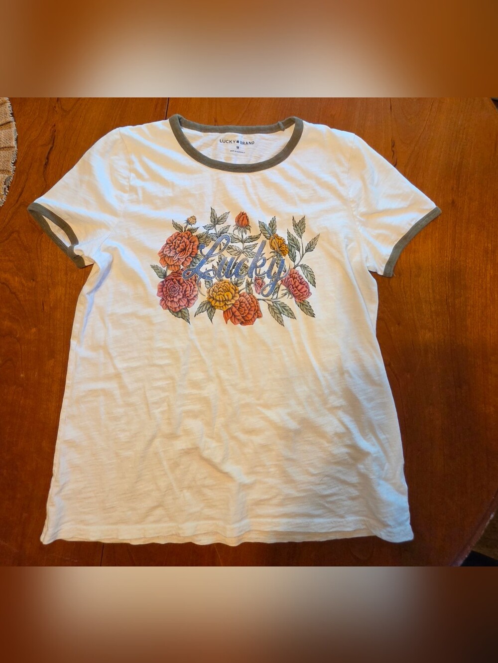 Lucky Brand Floral Lucky Graphic Ringer T-Shirt Women’s Medium